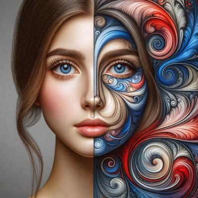 The primary subject of the image is a woman's face, which is depicted in two different styles. One half of the face is painted with a blue and white color scheme, while the other half is painted with a red and blue color scheme. The setting is a gray background, and the visual style appears to be a combination of digital art and illustration. The overall atmosphere of the image is artistic and visually striking.